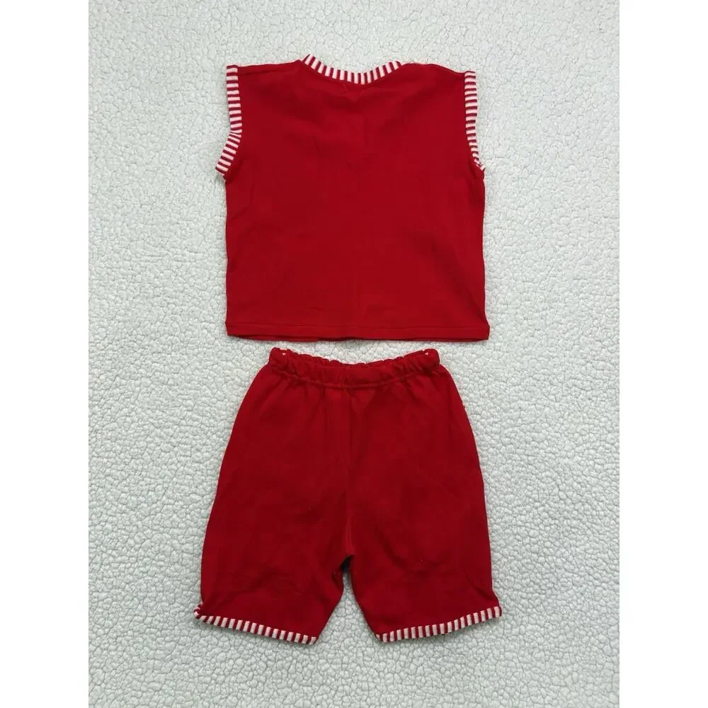 Vintage 2pc Set Boys‎ Size 7-8 Retro Summer Beach Tank Shorts Stretch Nylon Red